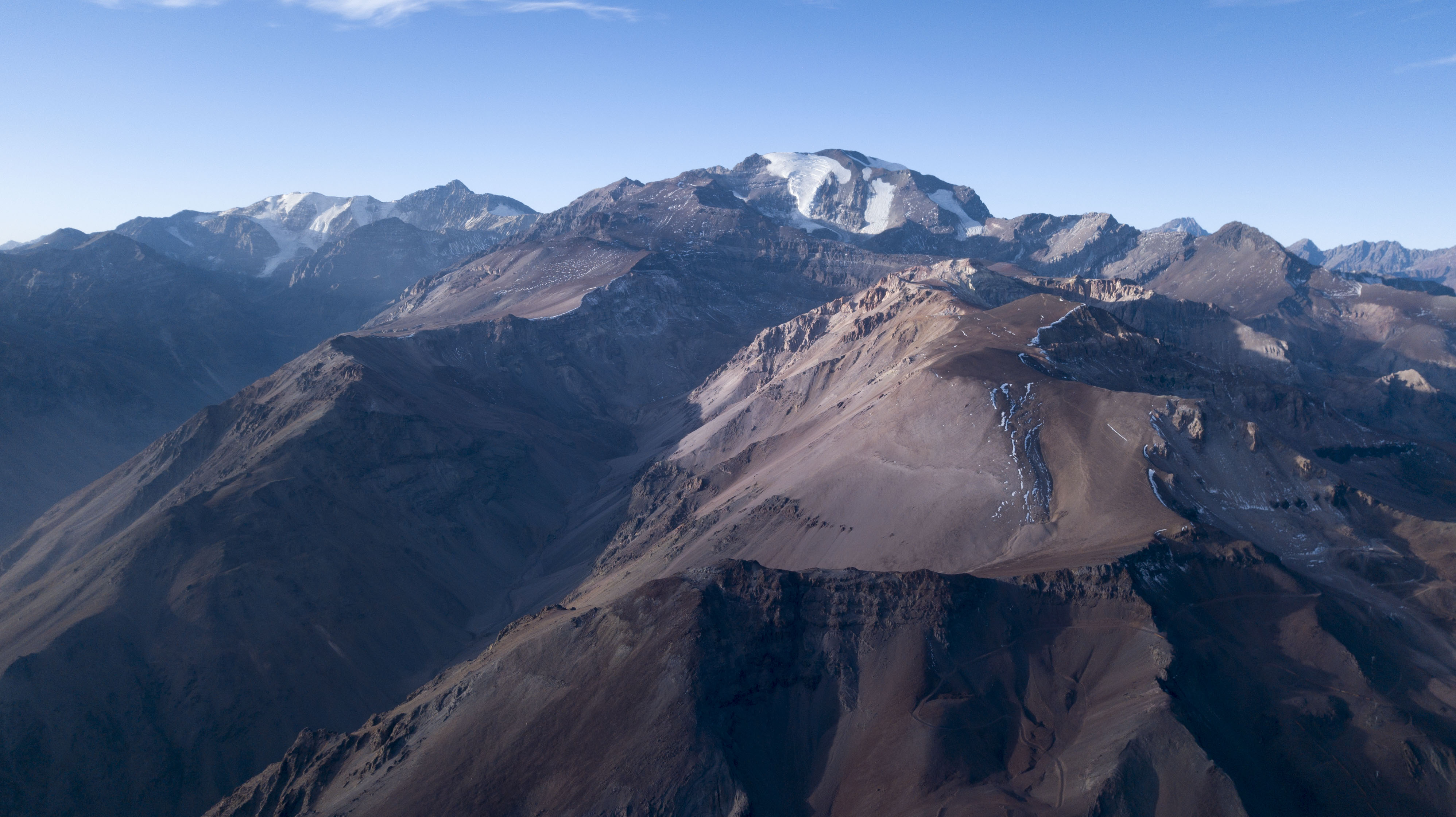 Aerial view of Cerro El Plomo in the Andes Mountains, one of the most iconic summits near Santiago, Chile