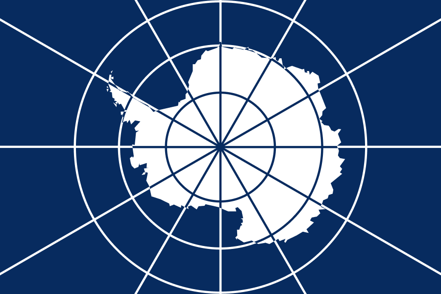 Antarctic Treaty flag with the white continent in the center surrounded by radial lines on a dark blue background.