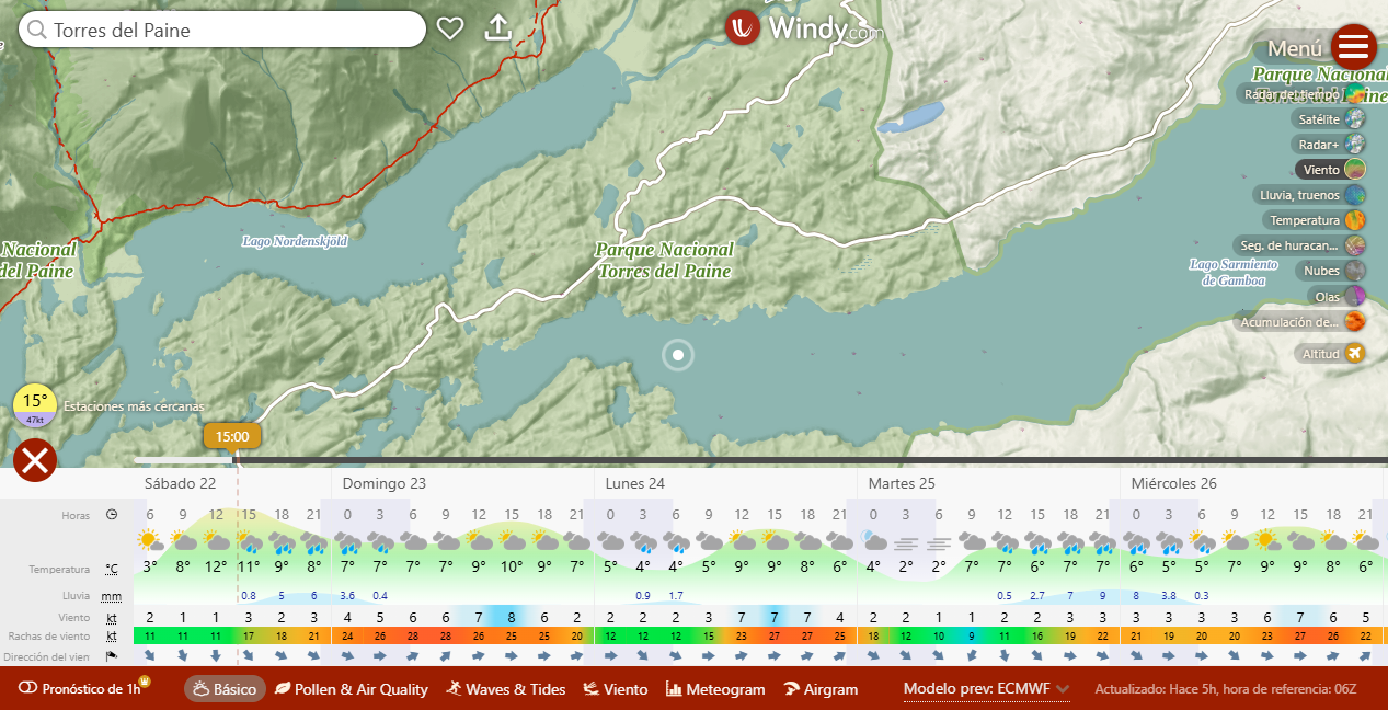 Application to check the weather forecast in Torres del Paine, showing weather conditions and wind variations.