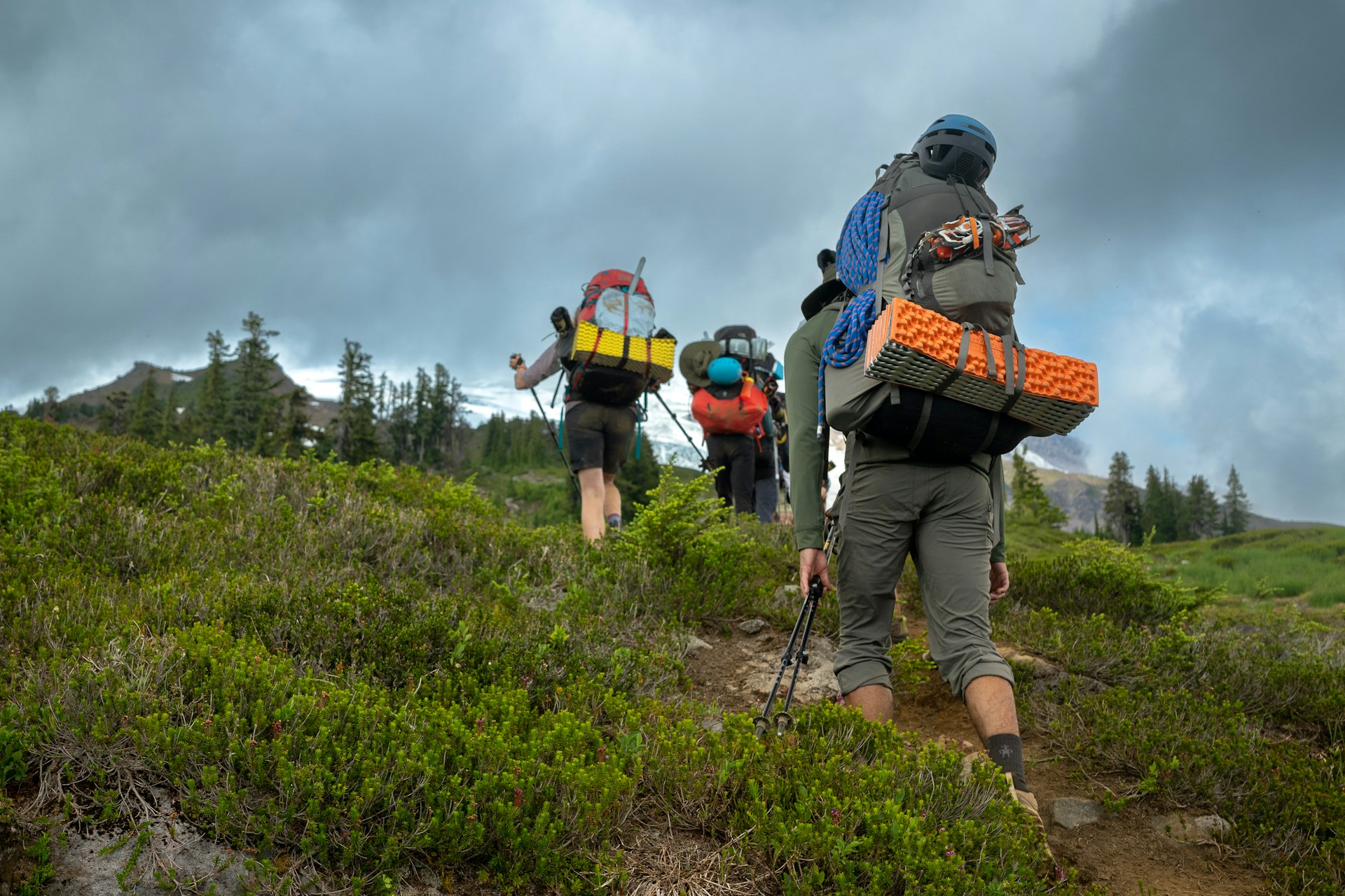 Group of hikers with trekking backpacks and camping gear walking on a mountain trail.