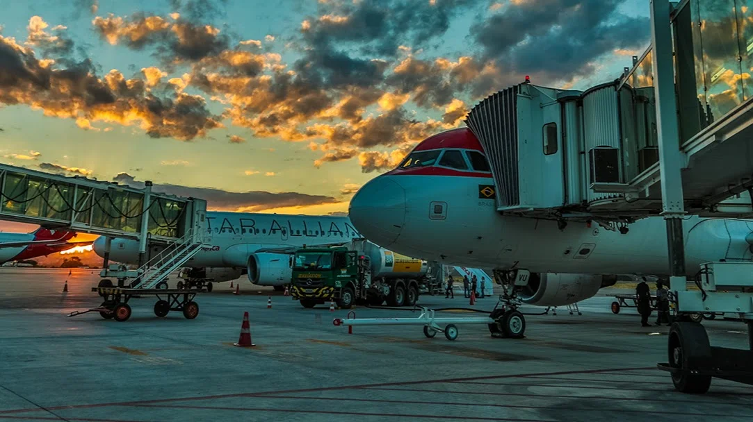 Airplane at Brasilia airport during boarding for an international trip from Brazil to Chile.