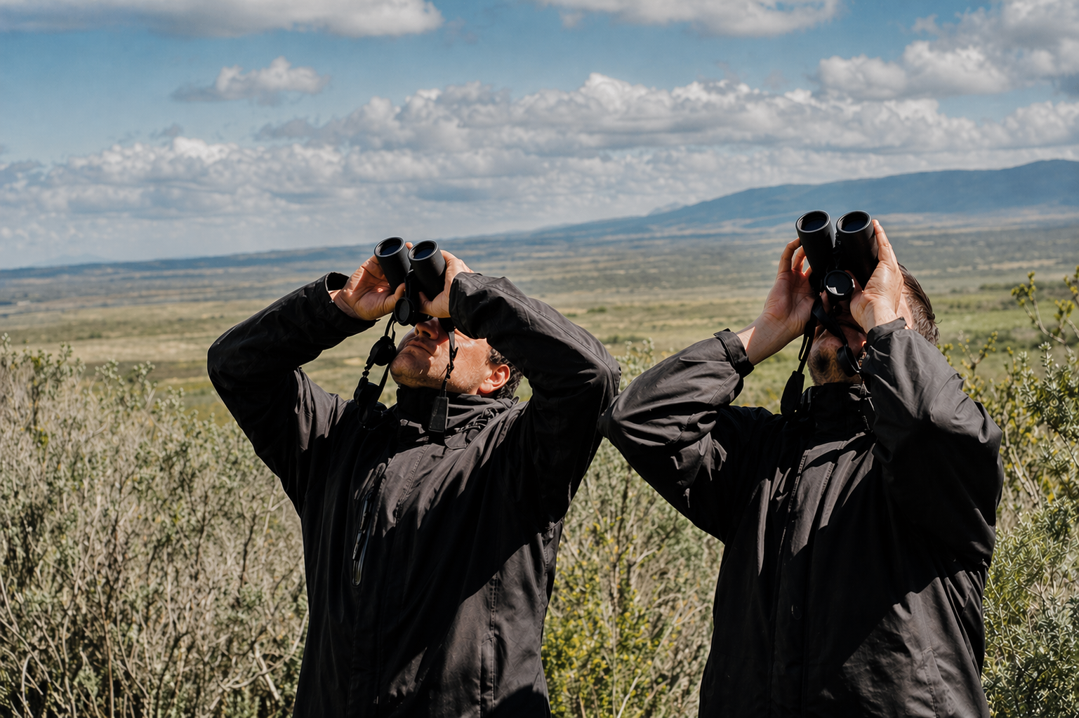 人们在智利巴塔哥尼亚的开放风景中用望远镜观察鸟类，背景是山脉和阴云的天空。