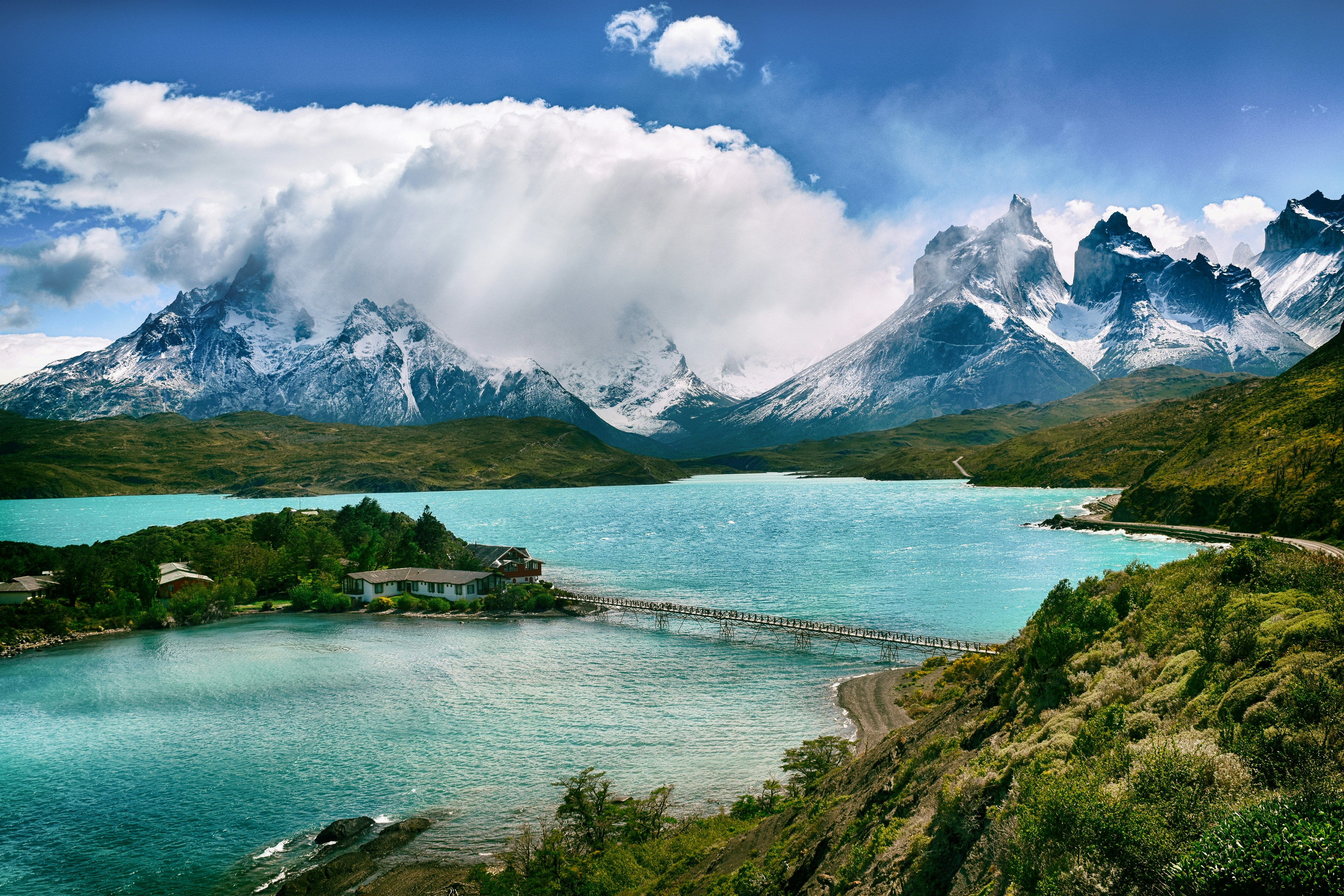Panoramic view of Lake Pehoé with the Cuernos del Paine in Torres del Paine National Park, Chilean Patagonia.