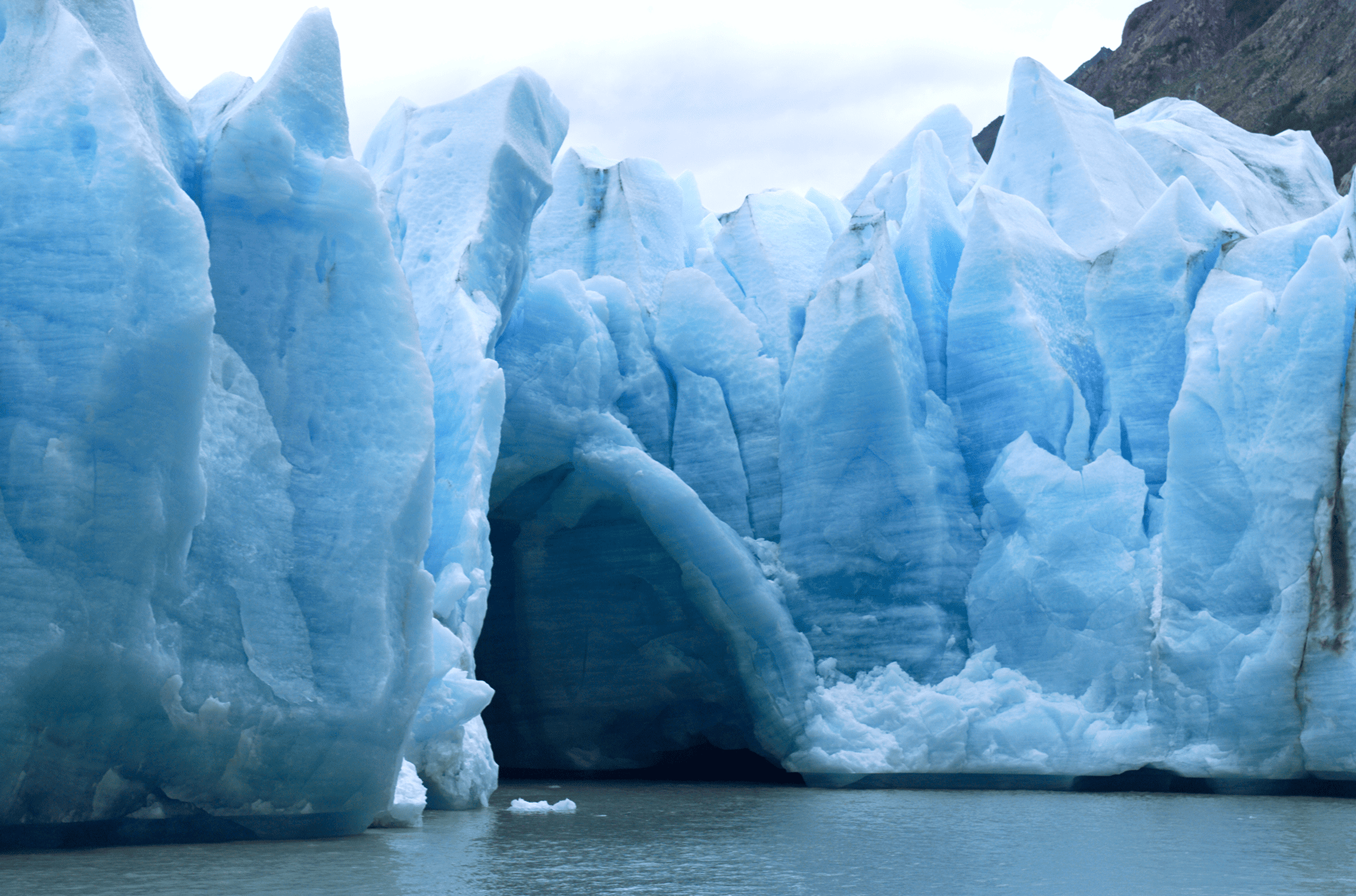 Blue ice walls of the Grey Glacier in Torres del Paine, seen from navigation on Lake Grey in Chilean Patagonia.