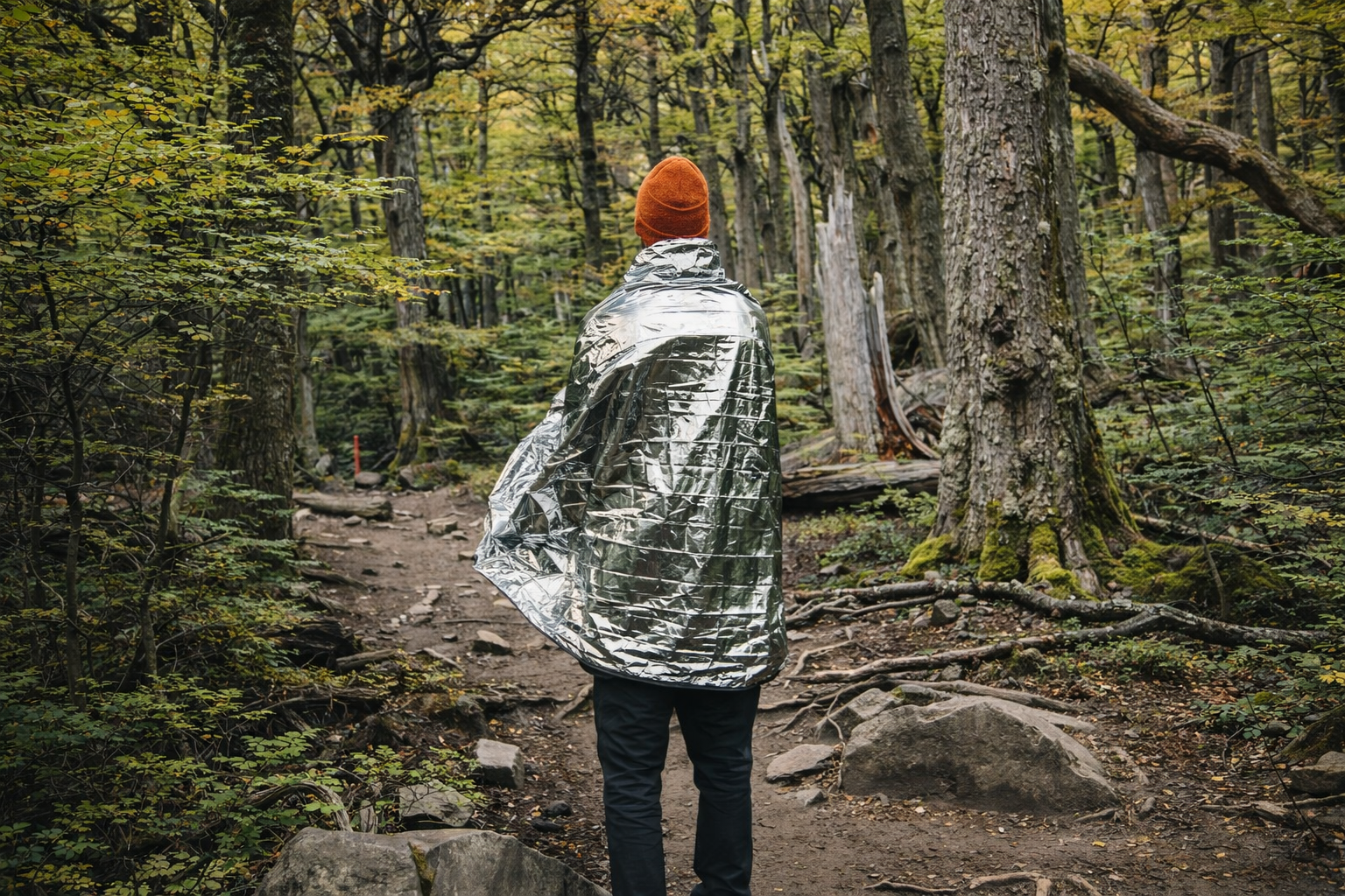 Persona caminando por un bosque usando una manta t&eacute;rmica de emergencia durante una situaci&oacute;n de trekking.