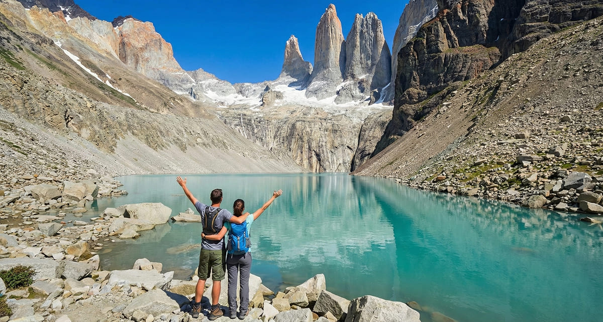 Pareja contemplando la Laguna Torres en Torres del Paine, una experiencia que se recuerda para siempre en la Patagonia chilena.