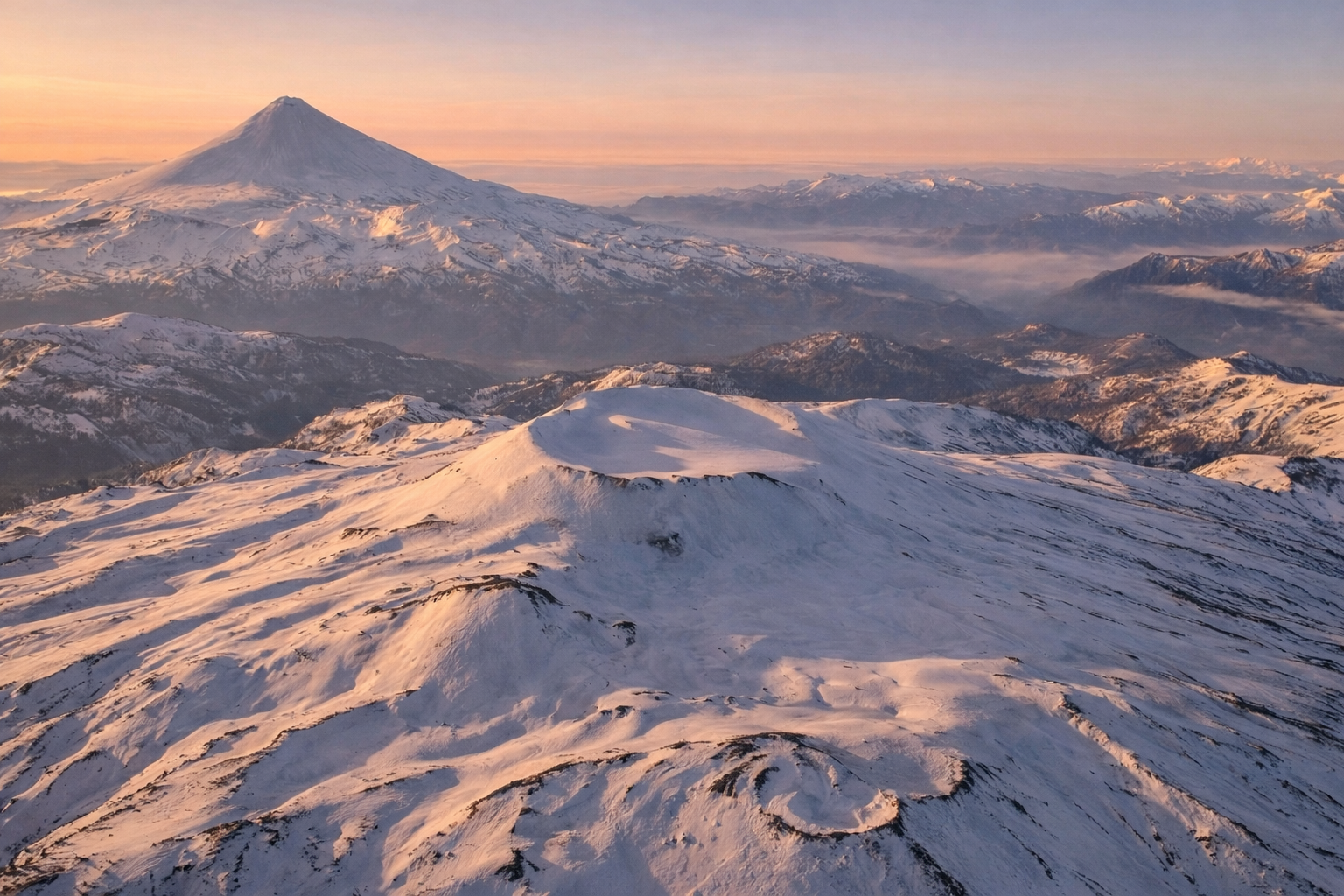Vista aérea del volcán Quetrupillán cubierto de nieve al atardecer, con el volcán Villarrica y la cordillera de los Andes en La Araucanía, Chile.