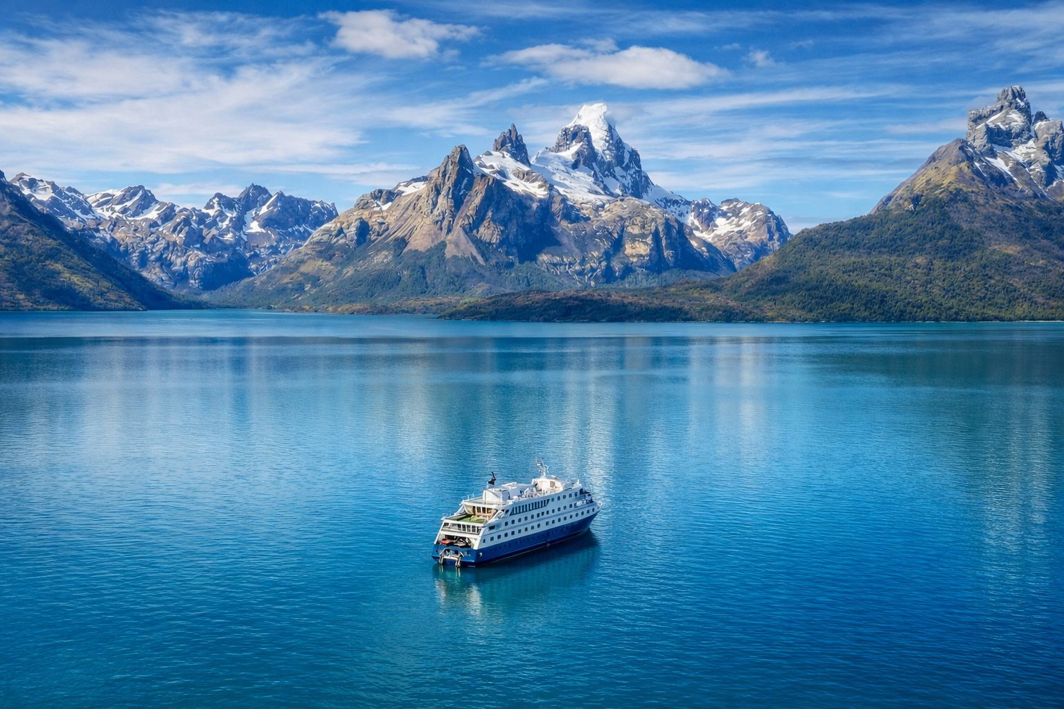 Cruise navigating through the fjords of Patagonia between Ushuaia and Punta Arenas with snow-capped mountains and turquoise waters.